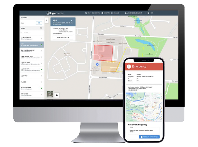 Image of the Logic Connect location services tracking platform from Logic Wireless on a PC and smartphone.