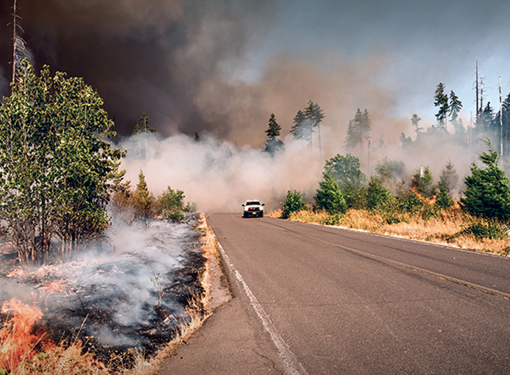 Photo of a road with bush wildfire on the left. A lone vehicle drives towards the camera with heavy smoke behind it..