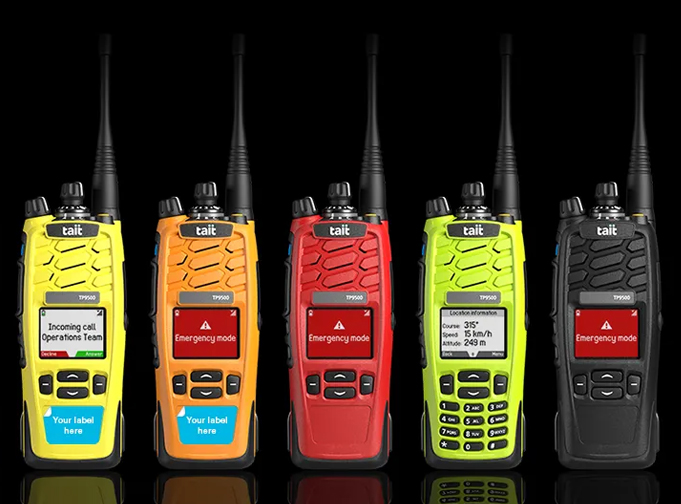 Tait P25 TP9600 with label options and configurations shown, including hi-vis yellow, orange, red, hi-vis green and black colourways.
