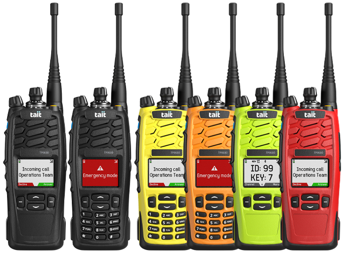 Mix of Tait P25 TP9600 portables showing colour screen, colour bodies, and keypad options.