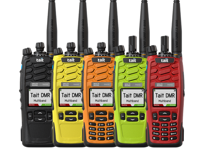 Tait TP9700 coloured portables showing black, yellow, orange, high vis green and red.