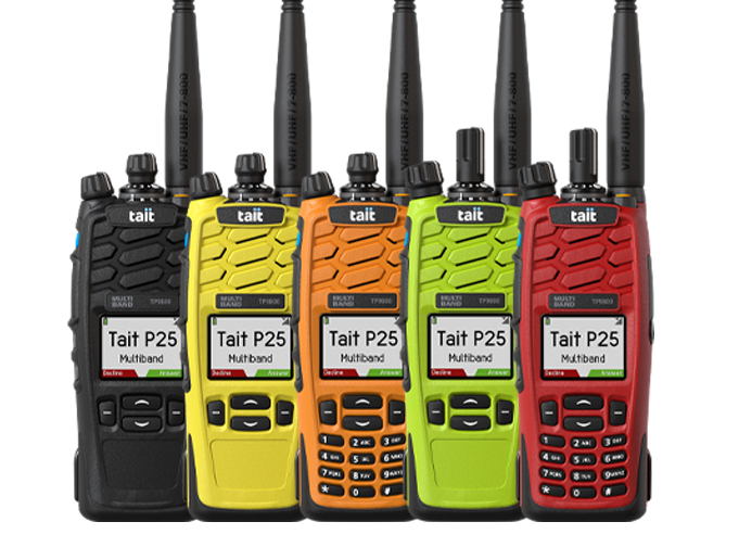 Tait TP9800 coloured portables showing black, yellow, orange, high vis green and red.