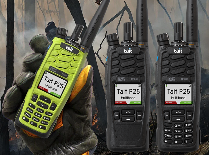 Tait TP9800 multiband portable with glove controls shown beside gloved hand holding a high vis green TP9800 in a fireground