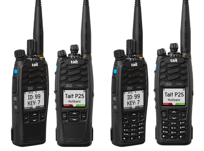 Tait TP9800 multiband portables shown 4 key and 16 key, side and front views