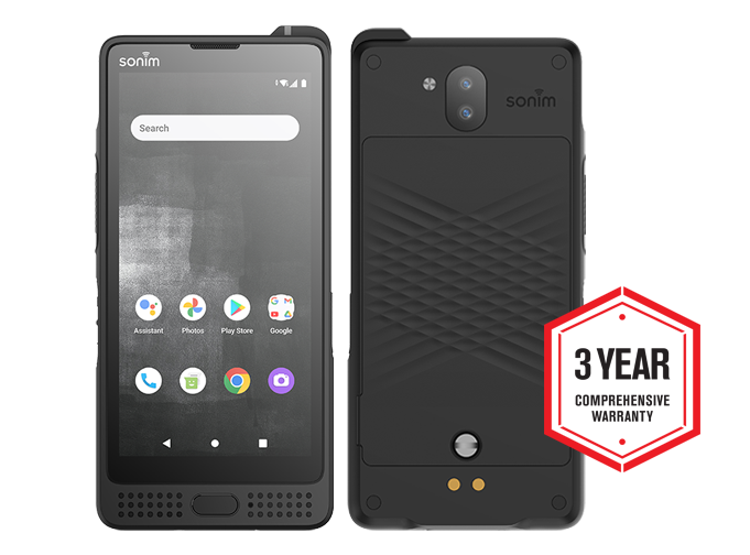 Sonim XP10 front and back view with Sonim 3-year warranty badge overlaid