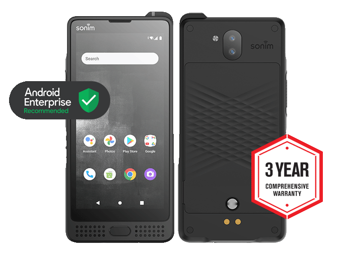 Sonim XP10 front and back view with Sonim 3-year warranty badge and Android Enterprise Recommended badge overlaid