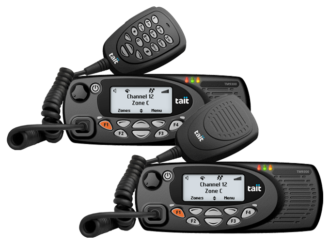TM9300 mobile radio models shown with keypad and standard mics
