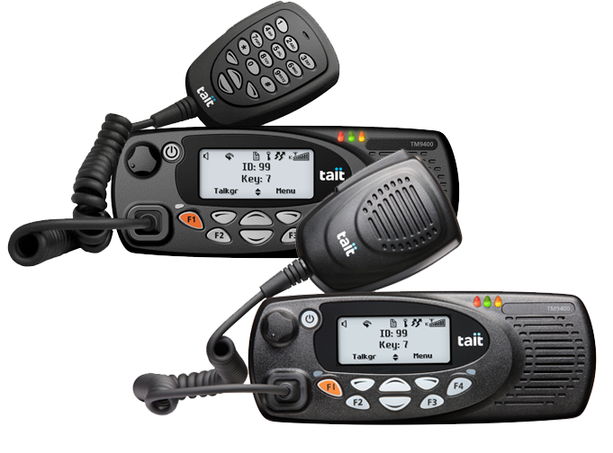 TM9400 P25 mobile radio models shown with keypad and standard mics