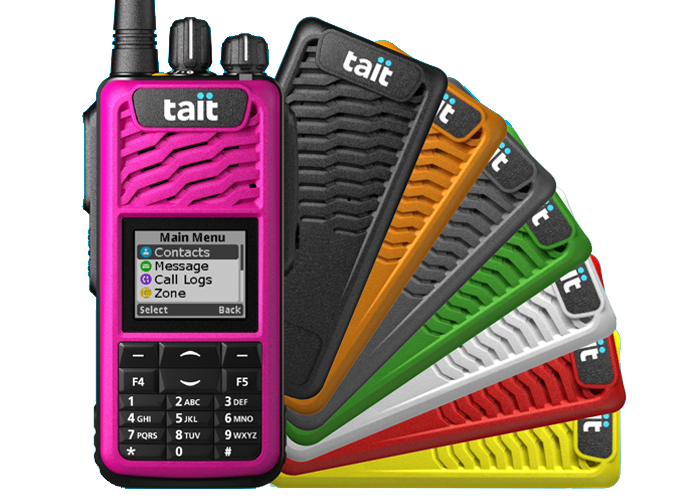 Fan of Tait TP3 DMR portables showing variety of coloured body options