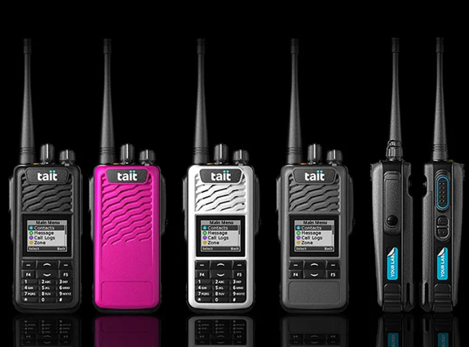 Mix of coloured Tait TP3 DMR portables that also show the label options. Colours shown include black, pink, white, grey and shows side view of the black TP3