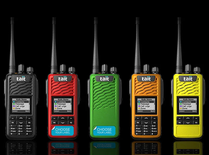 Mix of coloured Tait TP3 DMR portables that also show the label options. Colours shown include black, red, green, orange and yellow