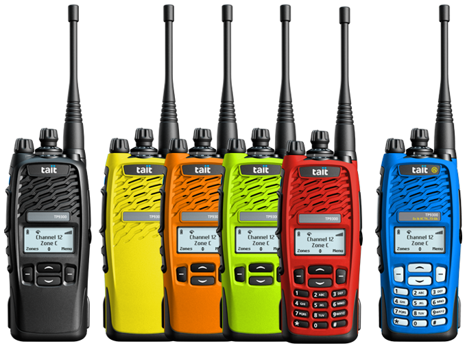 Mix of coloured Tait TP9300 DMR portables. Colours include hi-vis yellow, orange, red, hi-vis green and IS blue colourways.