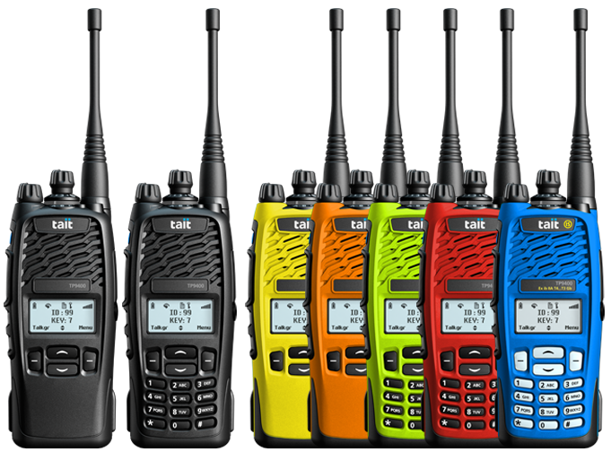 Mix of Tait P25 TP9400 portables showing colour screen, colour bodies, and keypad options as well as Intrinsically Safe option.