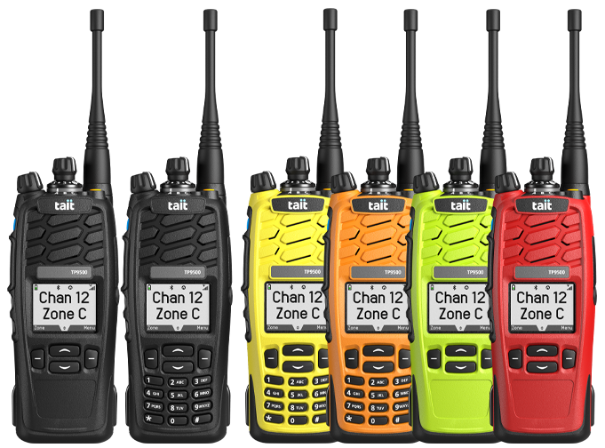 Mix of Tait TP9500 DMR portables showing colour screen, colour bodies, and keypad options.