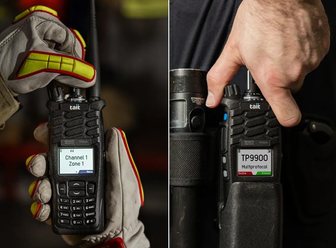 Closeup of gloved hand using easy grip on Tait TP9900 multiprotocol radio with police officer holding TP9900 on their belt.