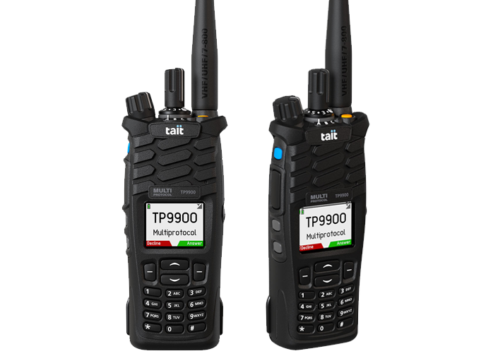 Tait TP9900 multiprotocol and multiband portable radios shown facing and on the angle