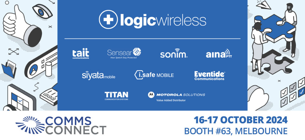 Graphic promoting the partners showcased on the Logic Wireless booth at Comms Connect Melbourne 2024.